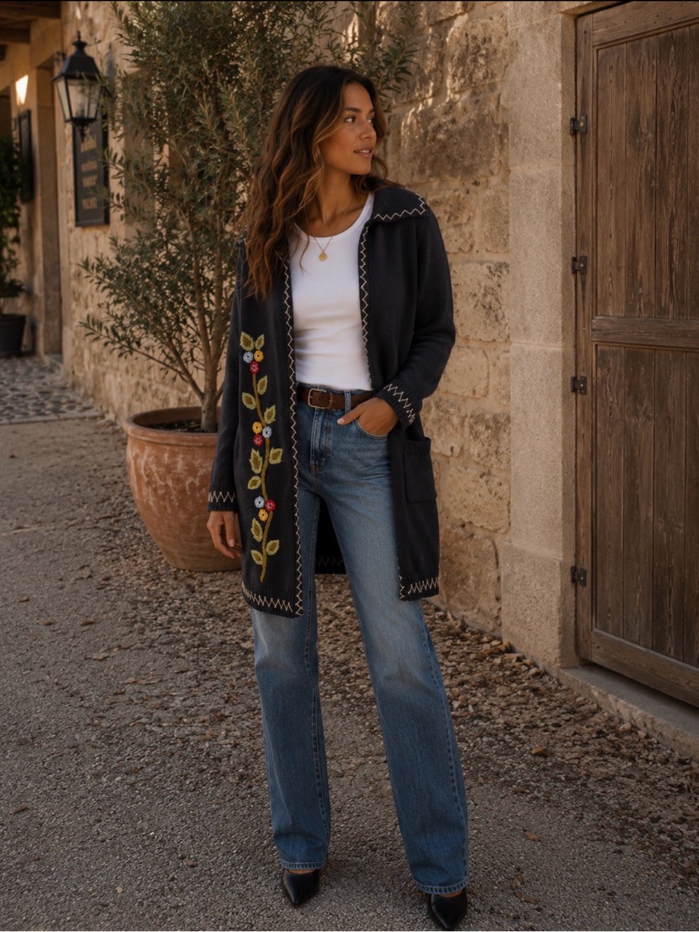 Embroidered Open-Front Navy Cardigan with Floral Motif